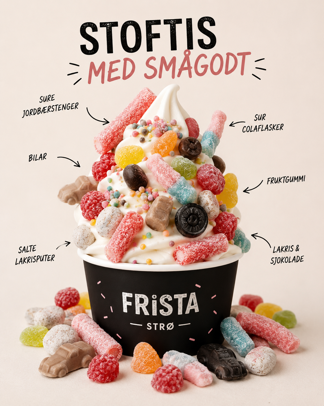 Stoftis med smågodt — sure jordbærstenger, bilar, fruktgummi, lakris og sjokolade